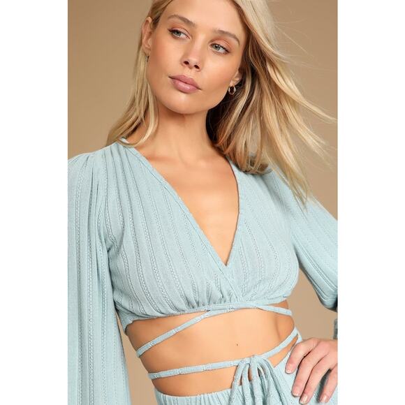 Lulu's Tops - Lulus Vibe Check Ribbed Blue Wrap Crop Top Size Small Balloon Sleeve